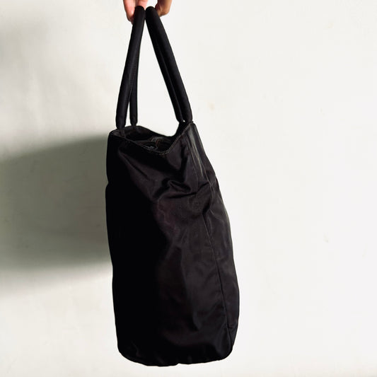 Prada Dark Brown Tessuto City Classic Logo Nylon Structured Shopper Zip Shoulder Tote Bag