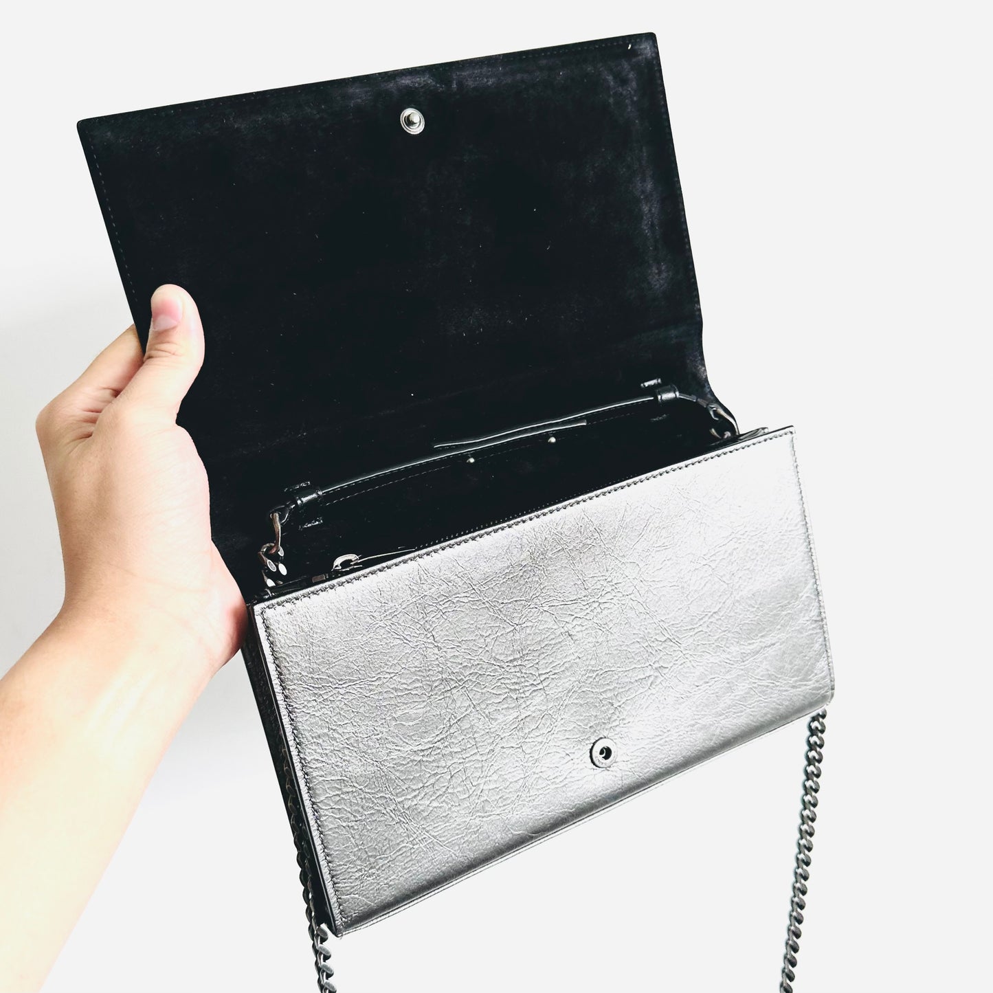 YSL Yves Saint Laurent Kate Monogram Logo Metallic Silver Crinkled Leather RHW Flap WOC Chain Wallet Shoulder Sling Bag