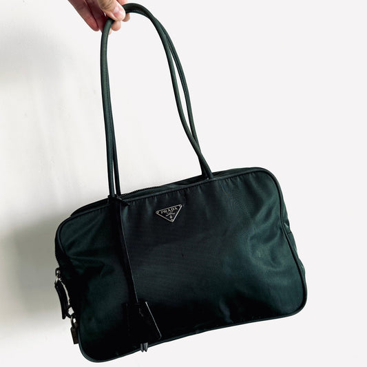 Prada Dark Sage Green Tessuto Classic Logo Nylon Boston Bowling Shoulder Tote Bag