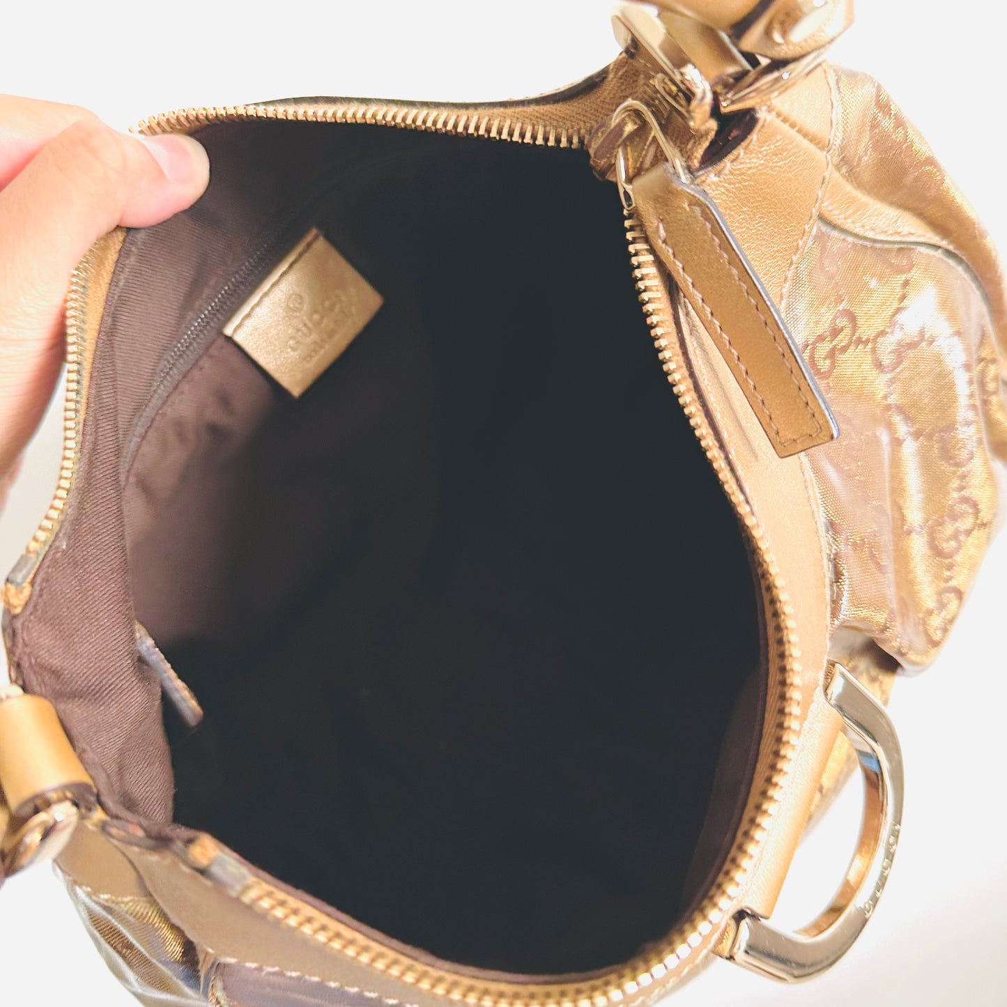 Gucci Abbey Dark Brown Beige GG Monogram Logo Hobo Baguette Shoulder Bag