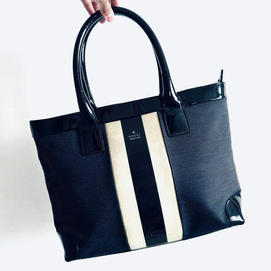 Gucci Navy Blue Web Striped Logo Structured Shopper Zip Tote Bag