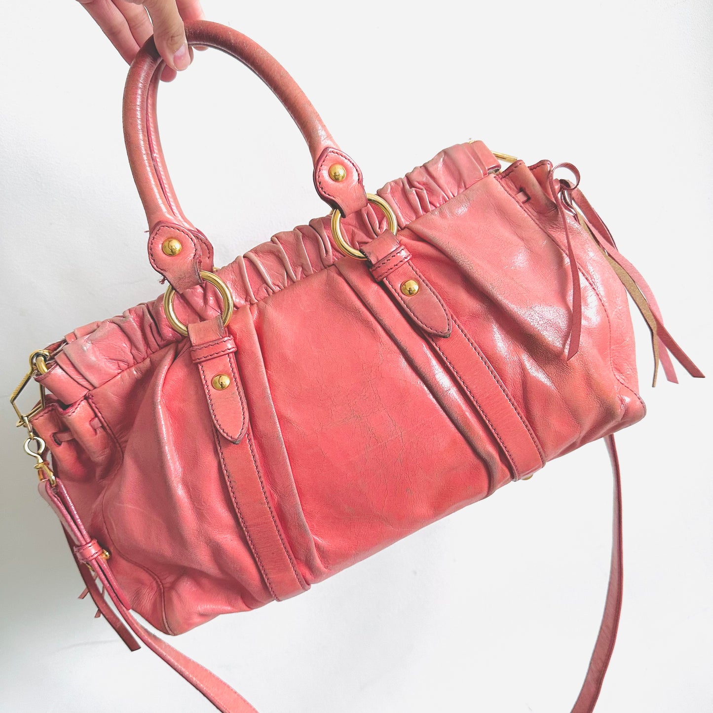 Miu Miu Rose Pink GHW Vitello Lux Classic Logo 2-Way Shopper Shoulder Sling Tote Bag