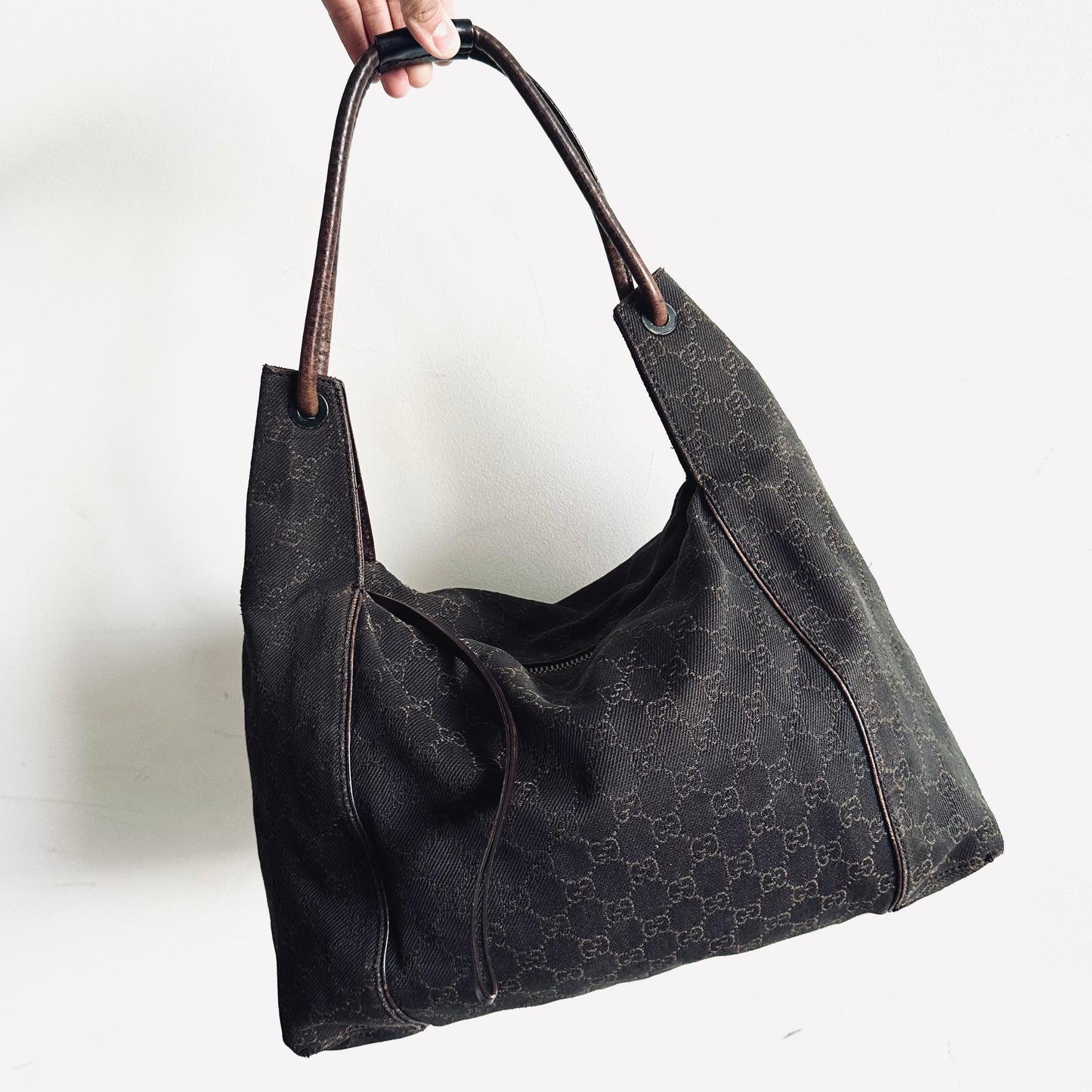 Gucci Black / Dark Brown Micro GG Monogram Logo Hobo Baguette Shoulder Bag