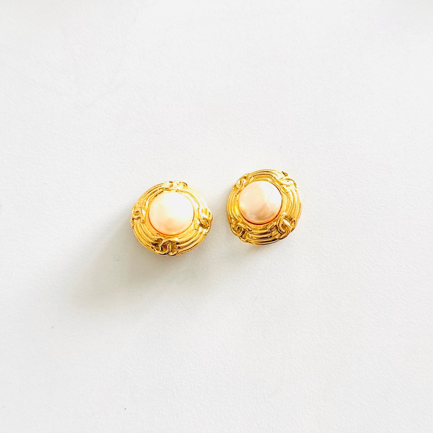 Chanel 93P CC Signature Monogram Logo Classic Gold & Pearls Large Clip On Vintage Earrings