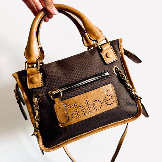 Chloe Brown / Tan Classic Monogram Logo Zip Shoulder Sling Tote Bag