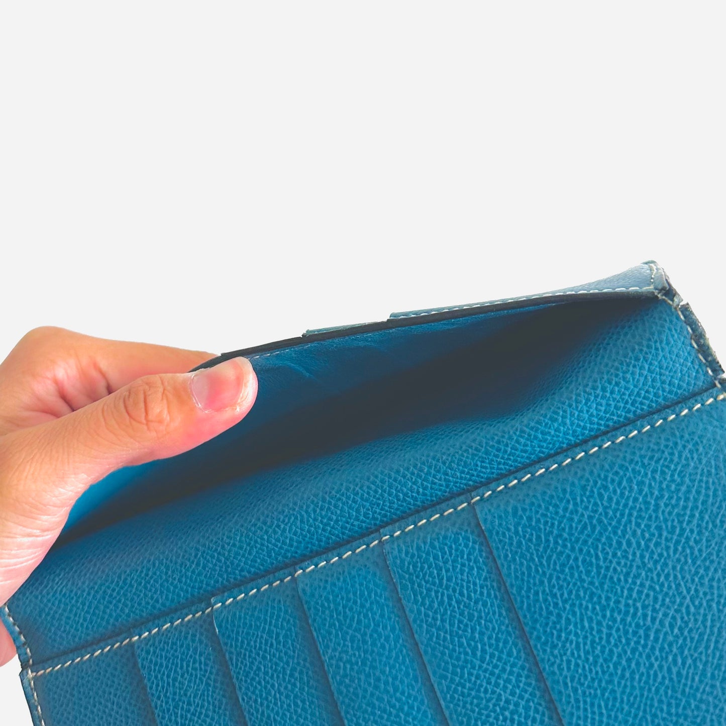 Hermes Bearn Blue Bleu Jean GHW H Logo Epsom Grained Leather Trifold Flap Long Wallet