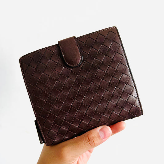 Bottega Veneta BV Dark Brown Intrecciato Nappa Woven Leather Bifold Compact Wallet