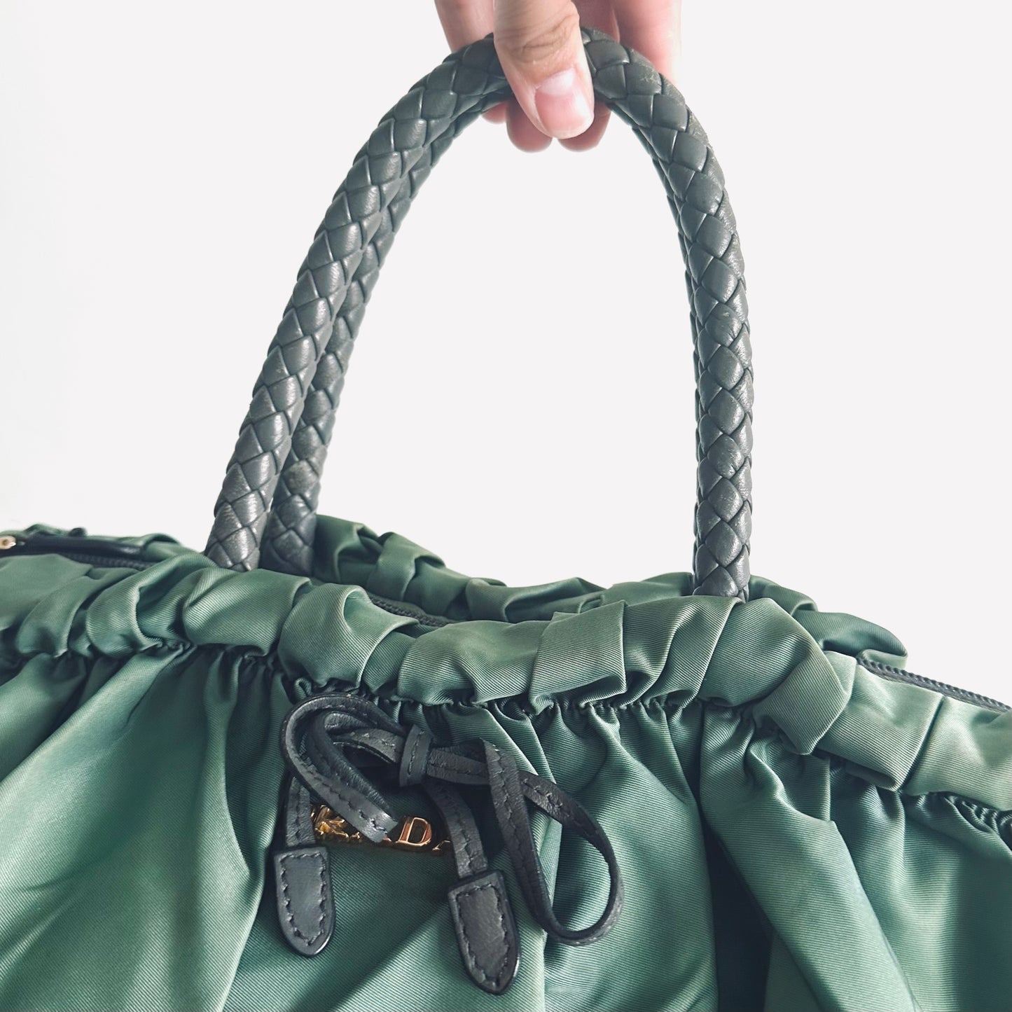Prada Sage Green Ardesia GHW Bow Ruched Tessuto Classic Logo Nylon & Leather 2-Way Shoulder Sling Shopper Tote Bag