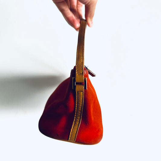Gucci Red / Tan Suede Monogram Logo Mini Pochette Accessories Hobo Shoulder Bag