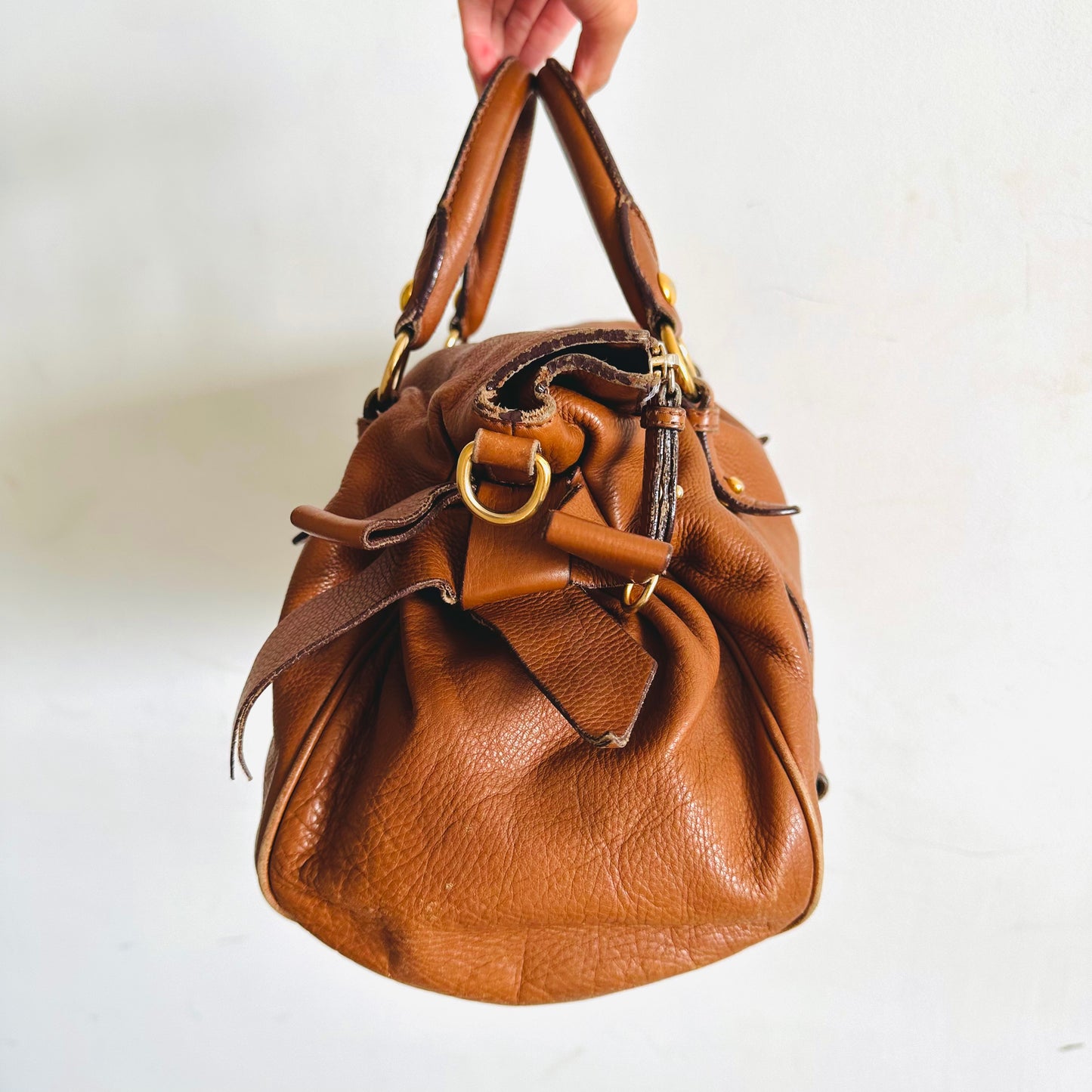 Miu Miu Caramel Brown GHW Bow Vitello Lux Classic Logo Shopper Shoulder Sling Tote Bag