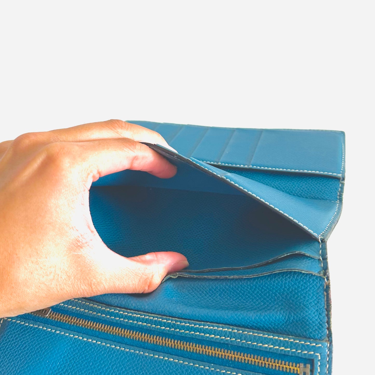 Hermes Bearn Blue Bleu Jean GHW H Logo Epsom Grained Leather Trifold Flap Long Wallet