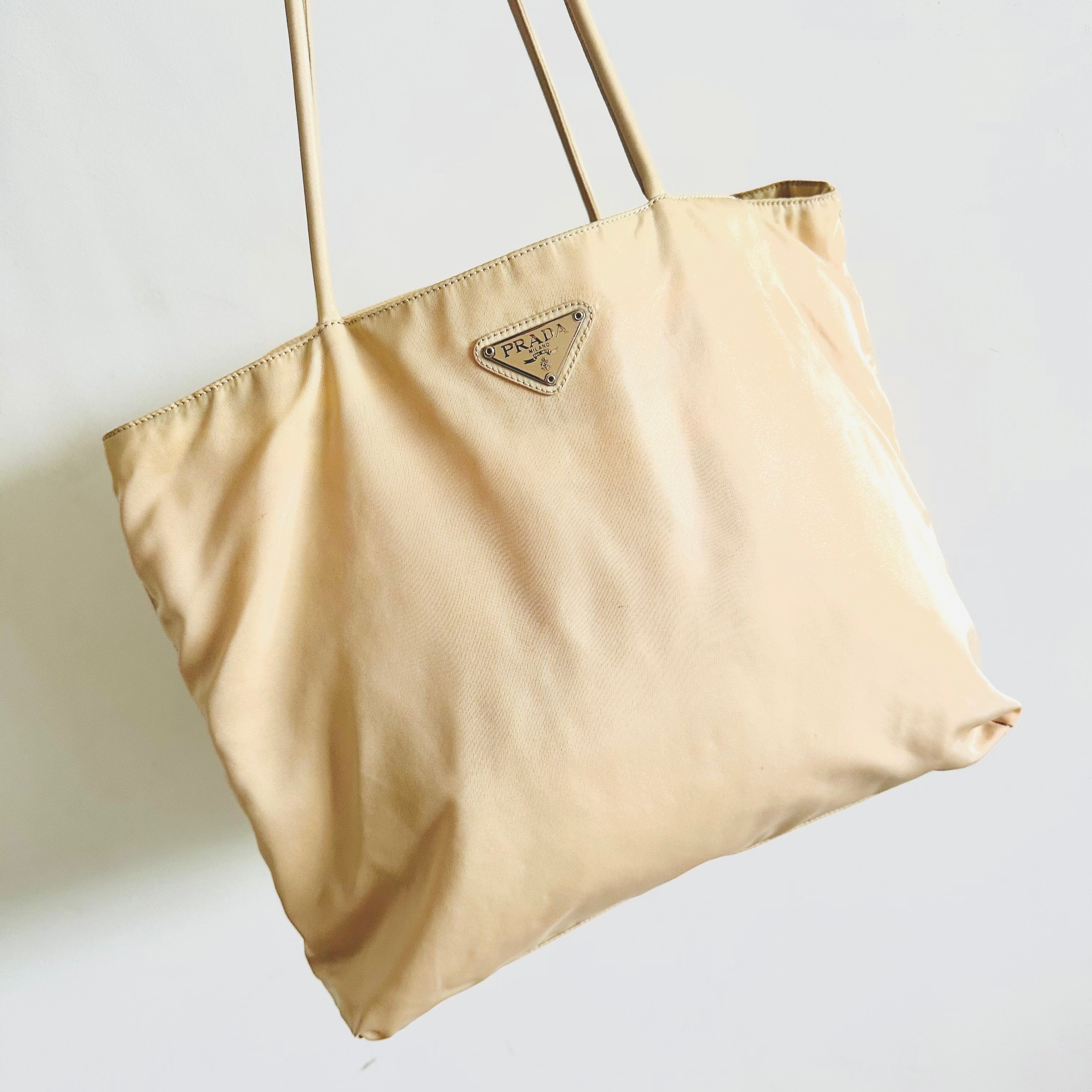 Prada Off White Cream Tessuto Classic Logo Nylon Shopper Shoulder