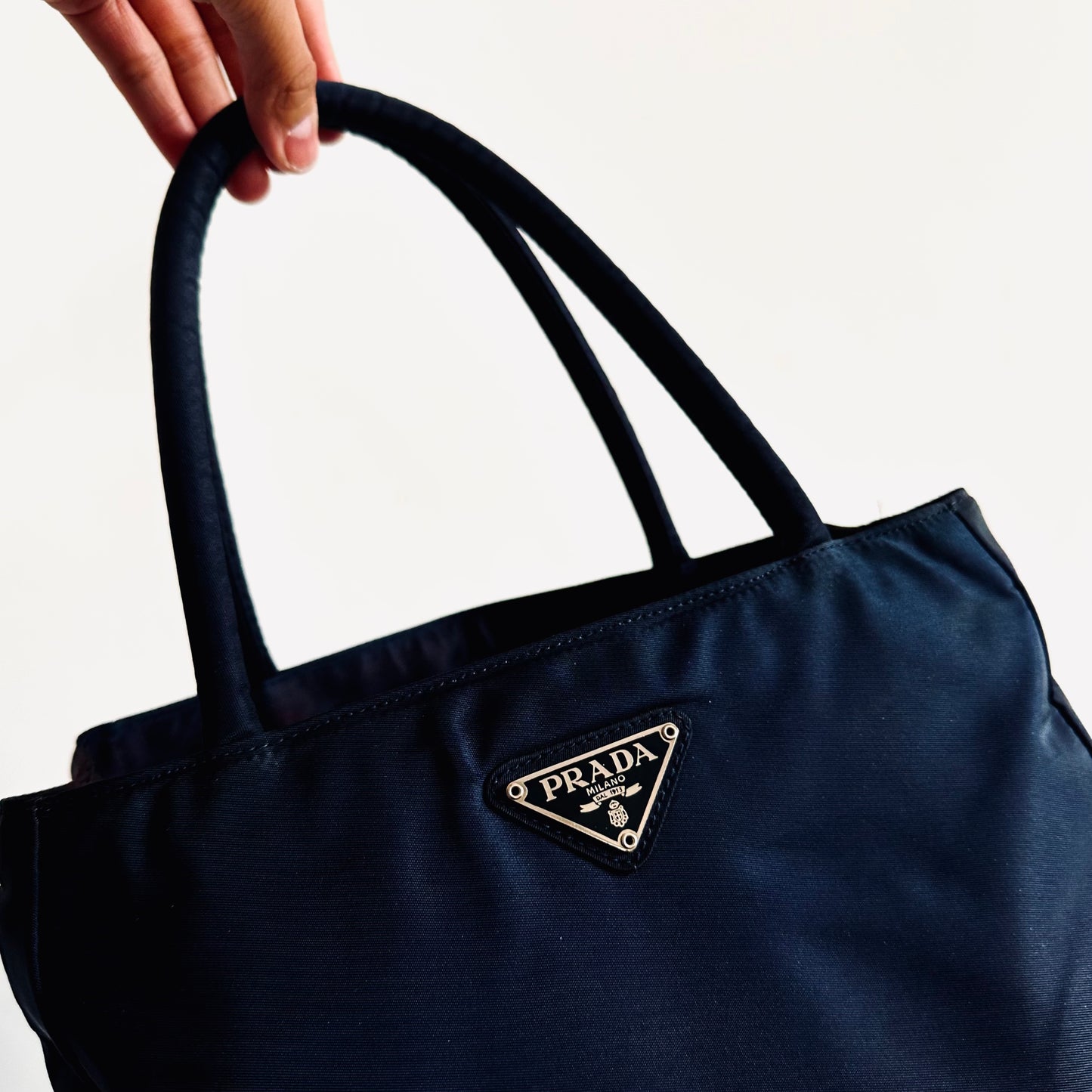 Prada Navy Blue Tessuto Classic Logo Nylon Shopper Shoulder Tote Bag