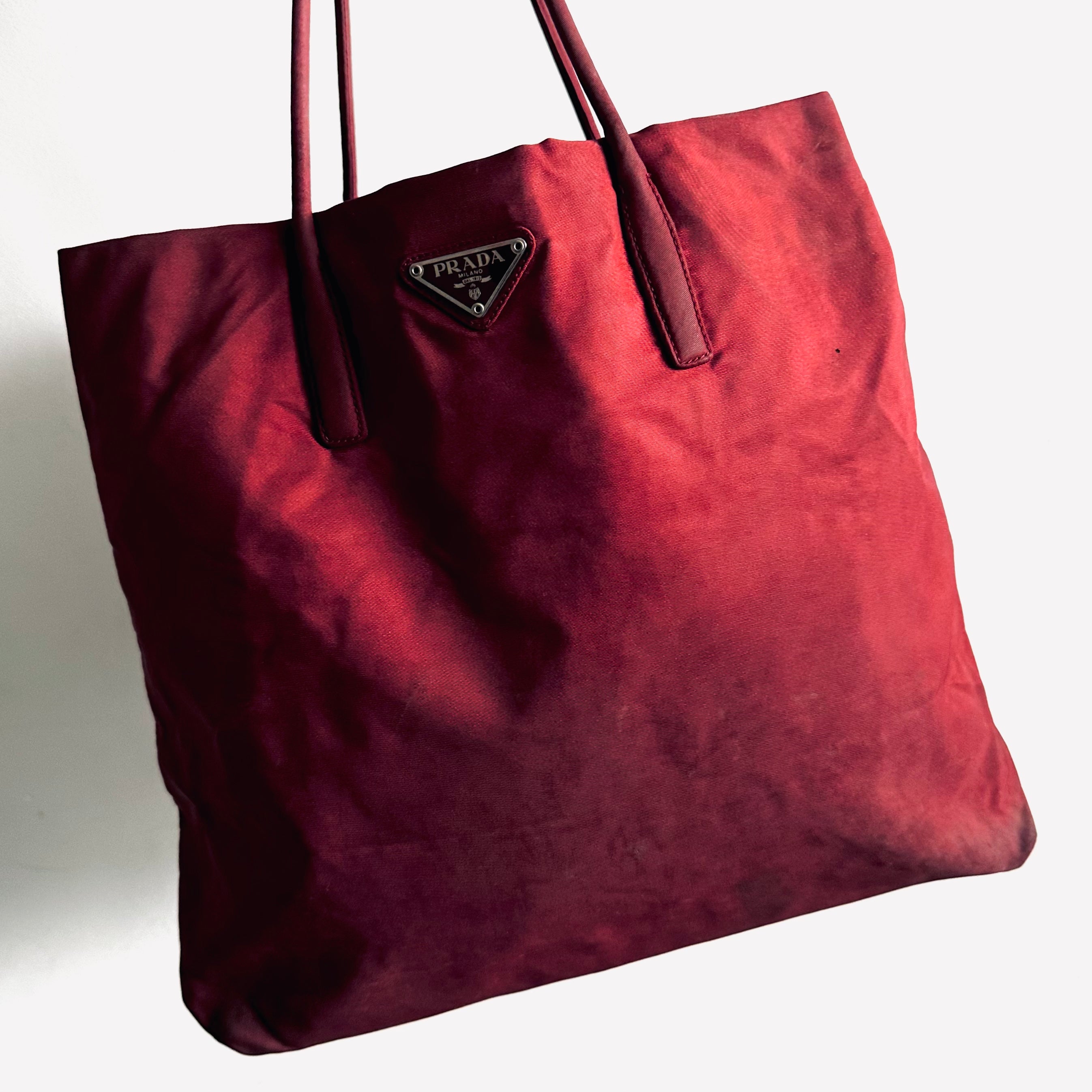 Prada Maroon Red Tessuto Classic Nylon & Leather Logo Shopper Shoulder Tote  Bag