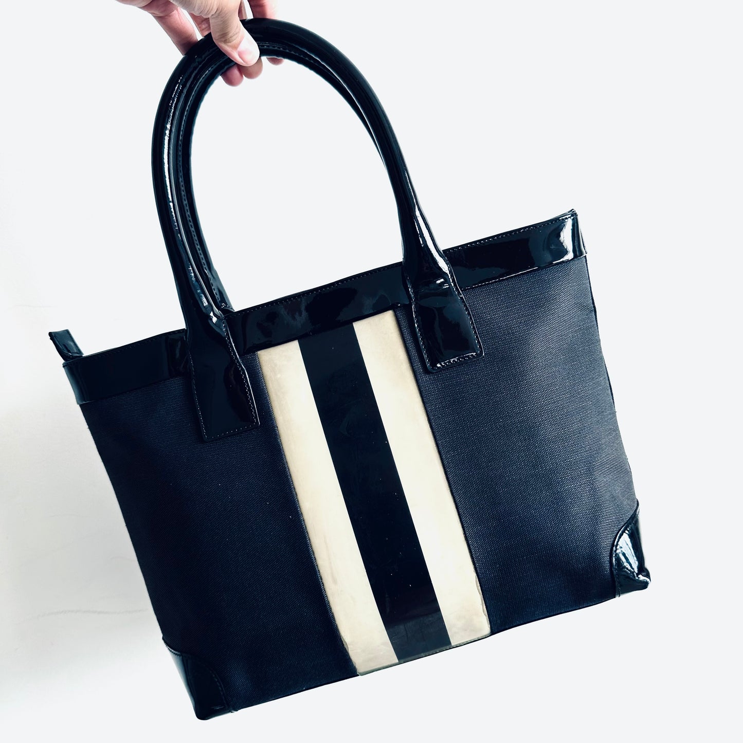 Gucci Navy Blue Web Striped Logo Structured Shopper Zip Tote Bag
