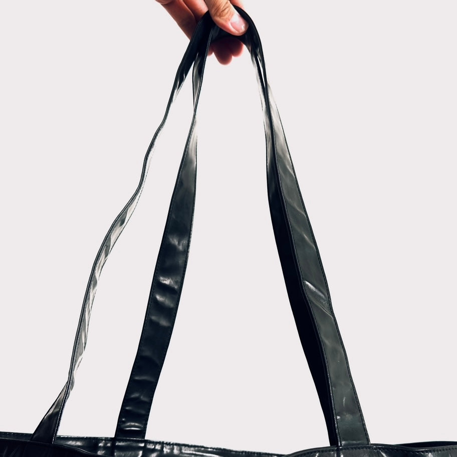 Chanel Black Giant CC Logo Patent Leather Vintage Shopper Shoulder Tote Bag 3s