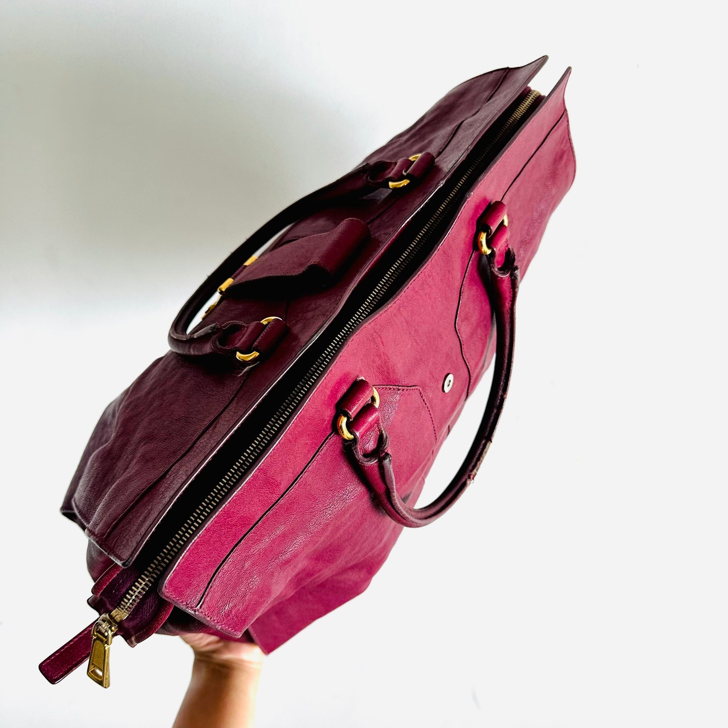 YSL Yves Saint Laurent Burgundy GHW Logo Cabas Chyc Top Handle Boston Speedy Shoulder Tote Bag