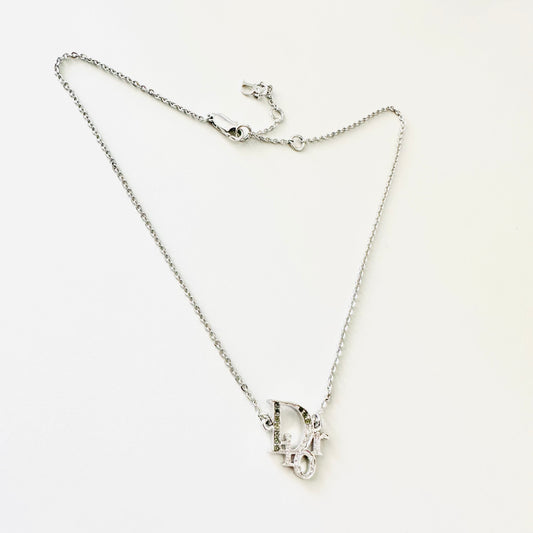 Christian Dior CD Logo Monogram Signature Classic Silver & Crystals Vintage Necklace