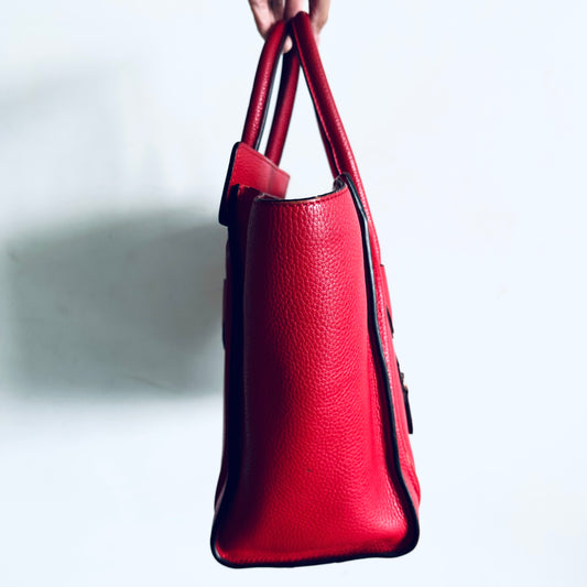 Celine Deep Rouge Red GHW Micro Luggage Logo Drummed Calfskin Top Handle Shoulder Tote Bag
