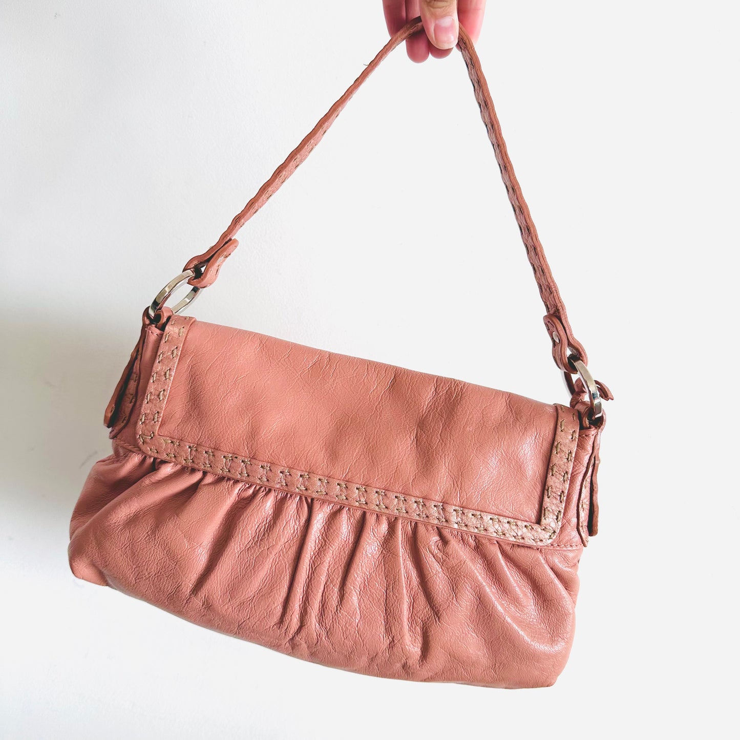 Fendi Selleria Borsa Bois De Rose Blush Pink Leather Monogram Logo Baguette Hobo Mamma Shoulder Flap Bag