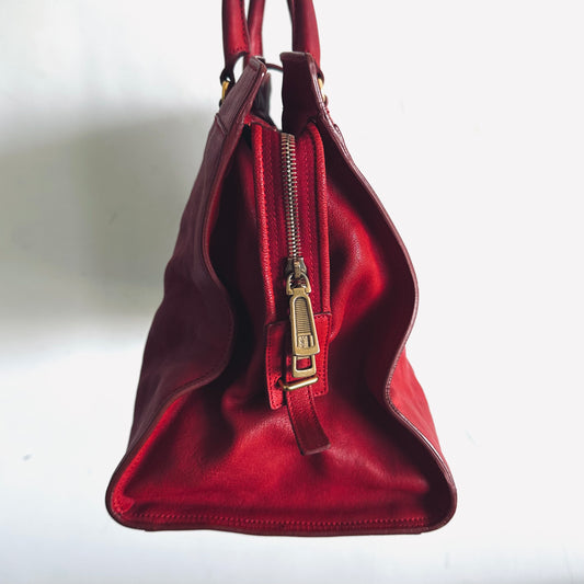 YSL Yves Saint Laurent Deep Red Rouge GHW Logo Cabas Chyc Top Handle Boston Speedy Shoulder Tote Bag