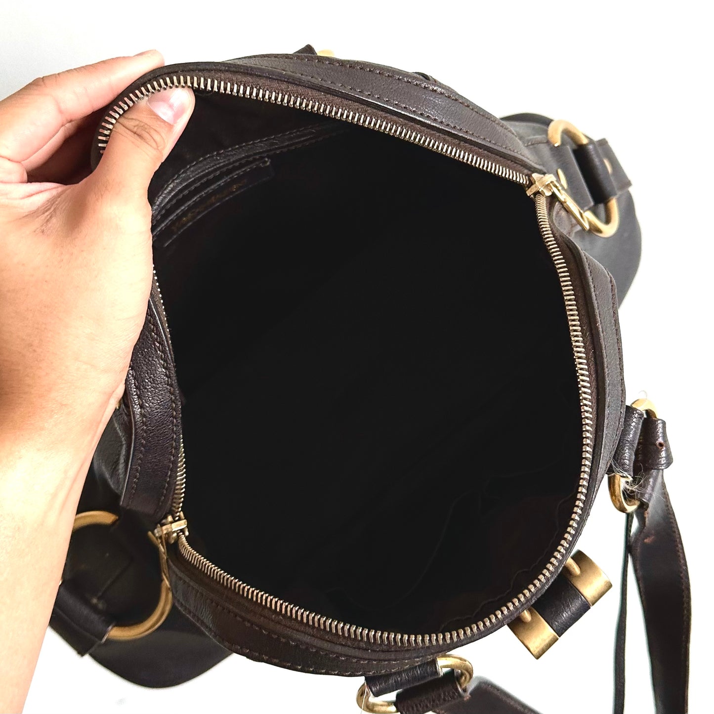 YSL Yves Saint Laurent Dark Brown Muse Leather Small Top Handle Boston Shoulder Tote Bag