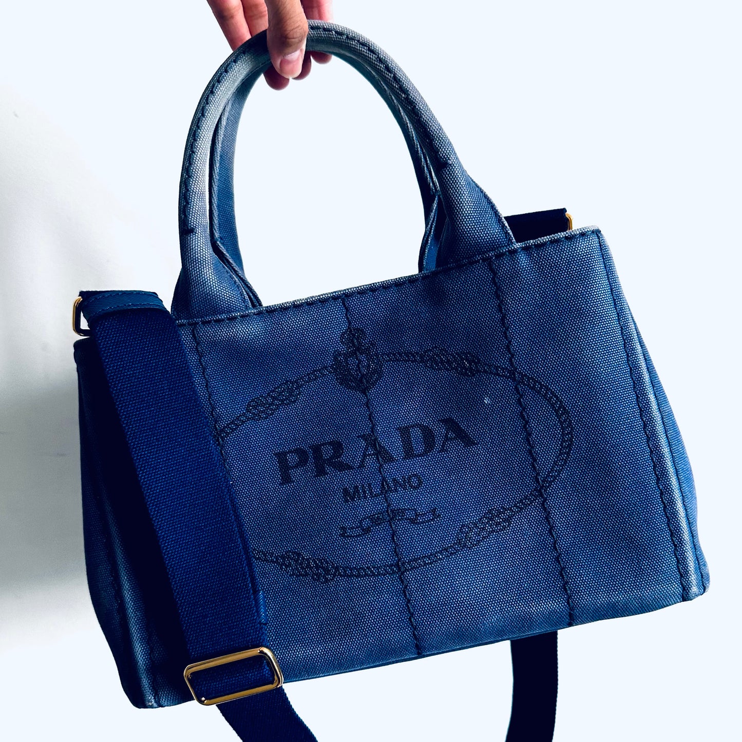 Prada Dark Blue GHW Small Canapa Classic Logo 2-Way Structured Shopper Shoulder Sling Tote Bag