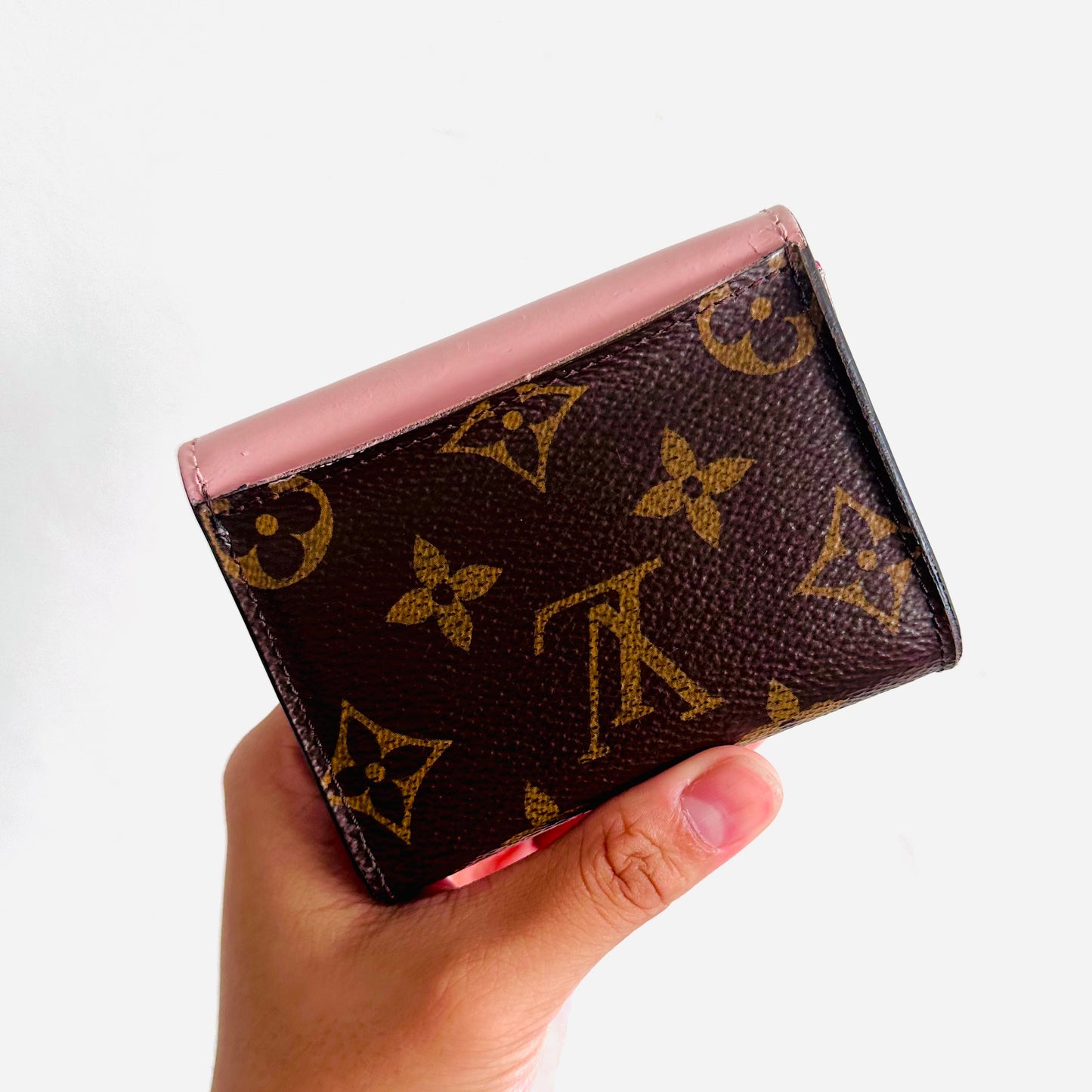 Louis Vuitton LV Zoe Monogram Logo & Rose Ballerine Leather GHW Classic Logo Flap Compact Trifold Wallet