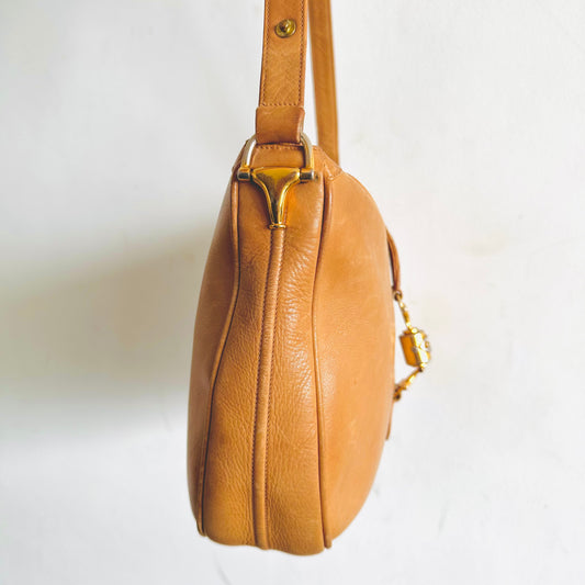 Gucci Jackie Caramel Tan Brown Leather GHW Monogram Logo Vintage 2-Way Flap Hobo Shoulder Sling Bag