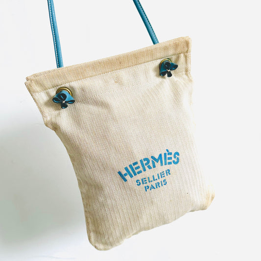 Hermes Aline PM White Toile & Blue Leather Sellier Grooming Shoulder Sling Bag