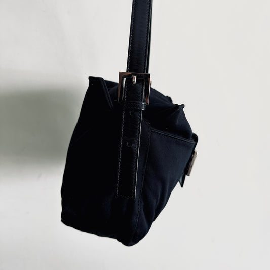 Fendi FF Zucca Black Monogram Logo Zip Flap Baguette Hobo Mamma Pochette Shoulder Bag