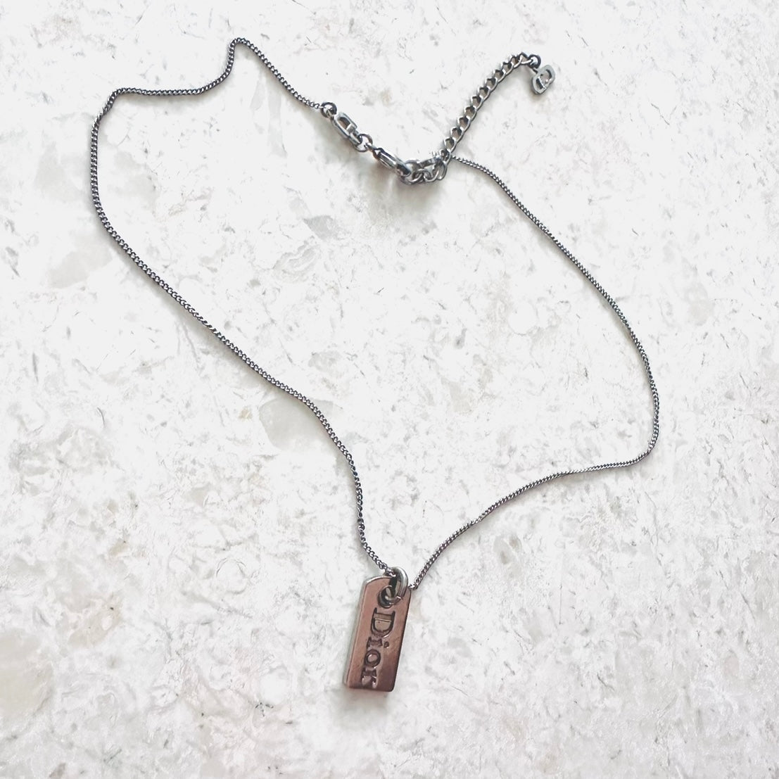 Christian Dior CD Giant Monogram Logo Silver Tablet Vintage Pendant Necklace