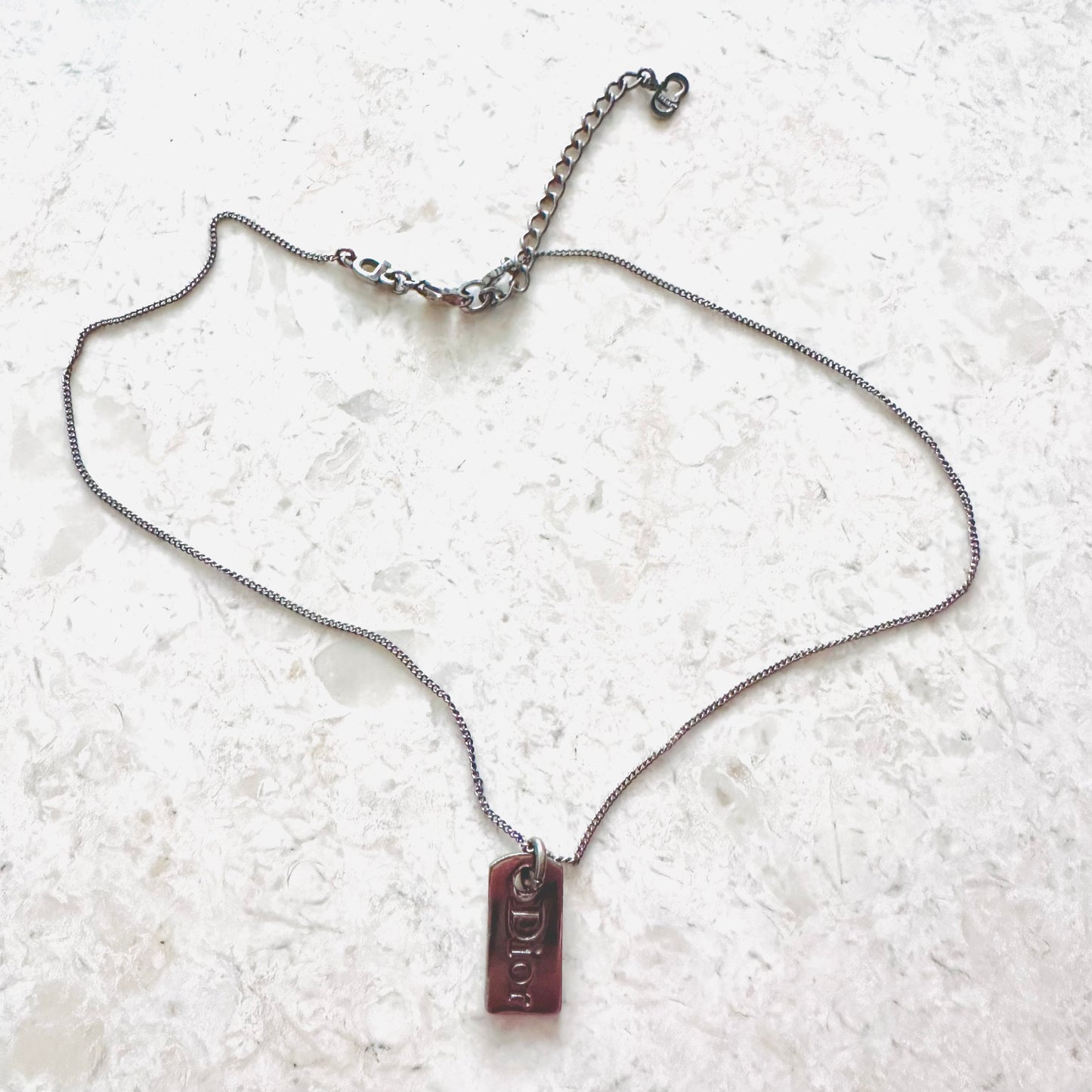 Christian Dior CD Giant Monogram Logo Silver Tablet Vintage Pendant Necklace