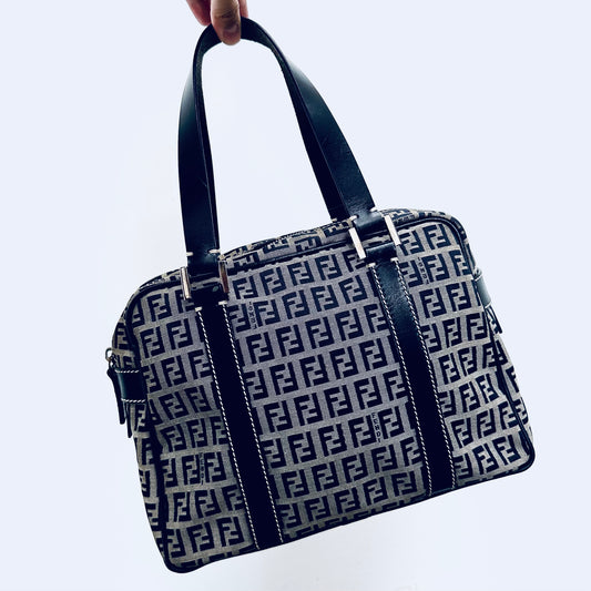 Fendi Navy Blue Zucca FF Monogram Logo Shoulder Shopper Boston Tote Bag