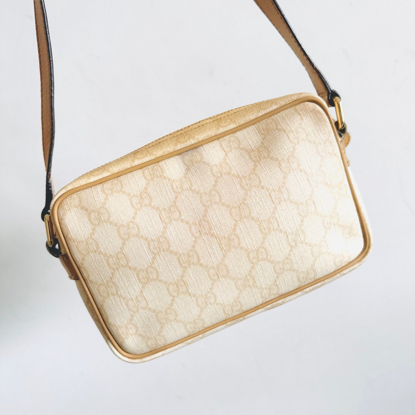 Gucci Cream Beige GHW GG Monogram Logo Small Camera Shoulder Sling Bag