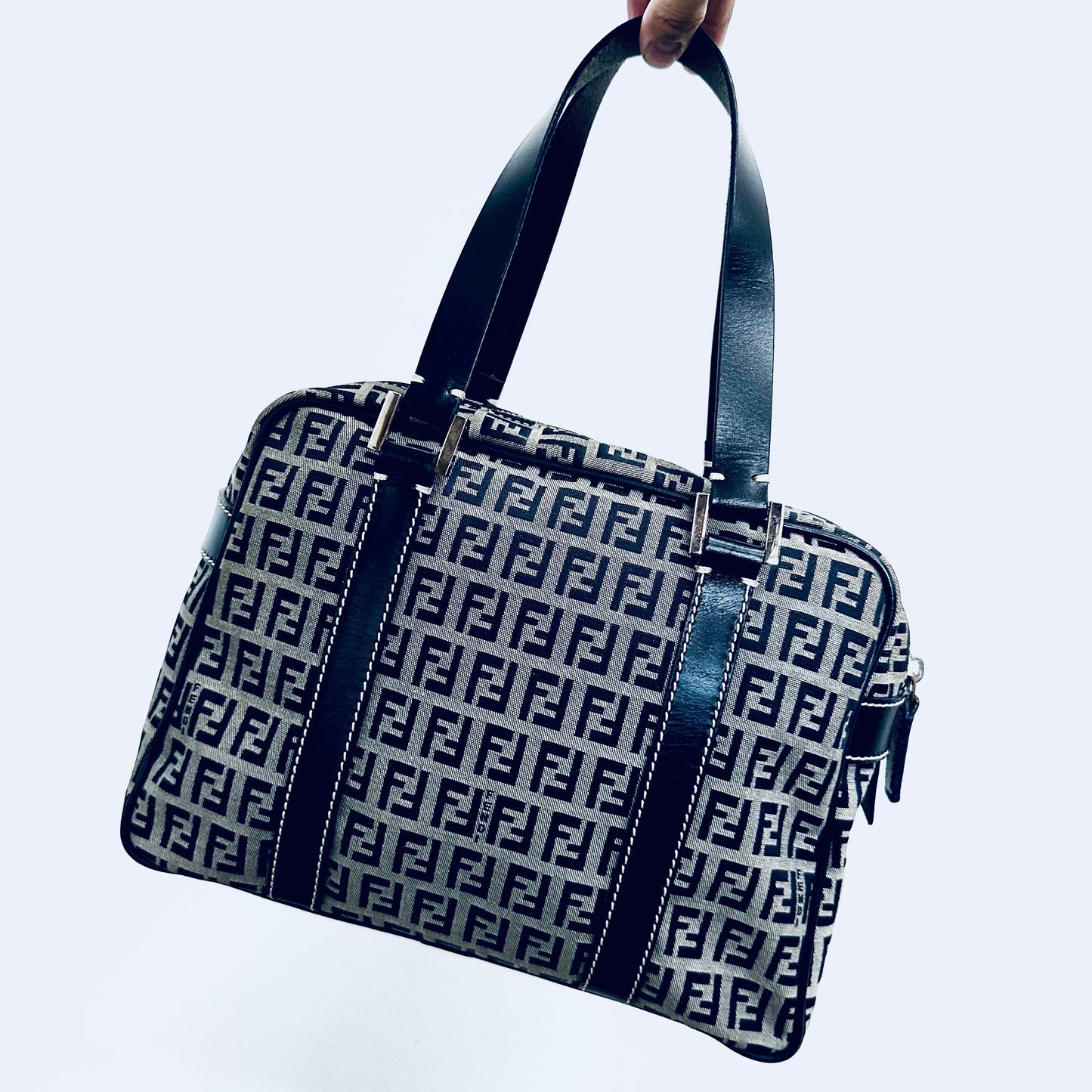 Fendi Navy Blue Zucca FF Monogram Logo Shoulder Shopper Boston Tote Bag