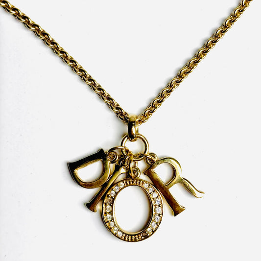Christian Dior CD Giant Gold & Crystals Monogram Logo Charms Vintage Pendant Necklace