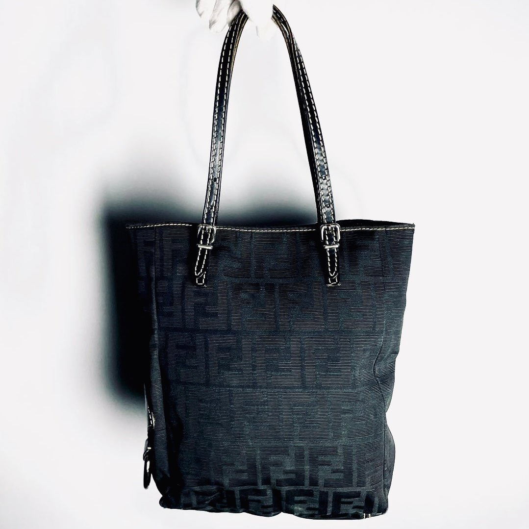 Fendi Black Zucca FF Monogram Logo Shopper Shoulder Tote Bag