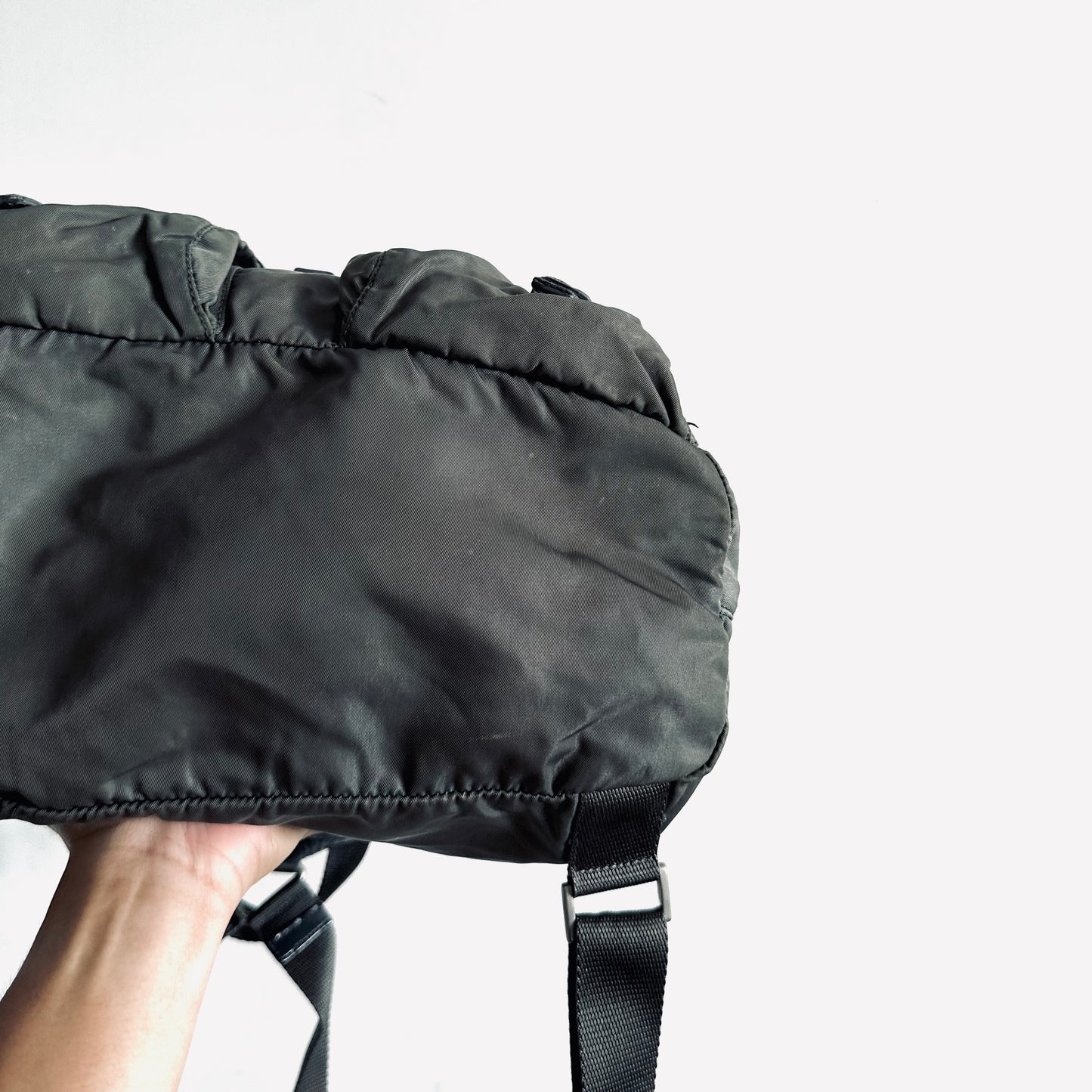 Prada Sage Grey Classic Logo Nylon & Leather Backpack Flap Drawstring Bag