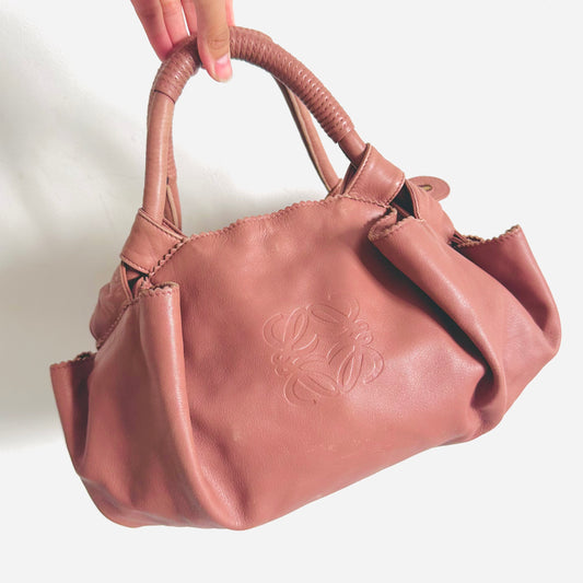 Loewe Mauve Blush Pink GHW Nappa Aire Leather Giant Anagram Logo Monogram Small Top Handle Bucket Hobo Shoulder Tote Bag