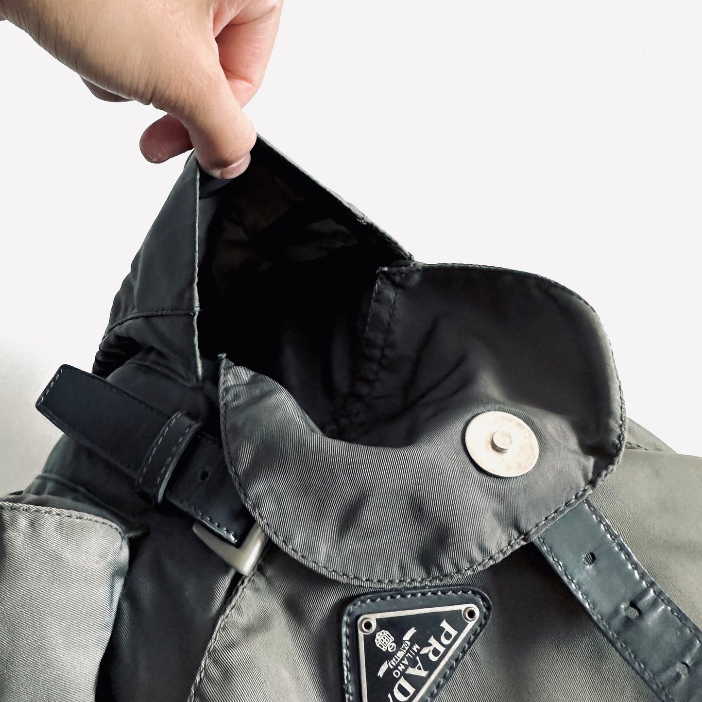 Prada Sage Grey Classic Logo Nylon & Leather Backpack Flap Drawstring Bag
