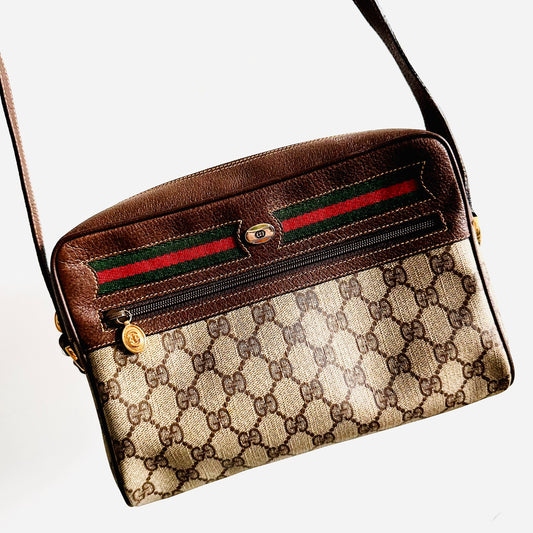 Gucci Beige GHW Ophidia GG Monogram Logo Web Striped Camera Shoulder Sling Bag