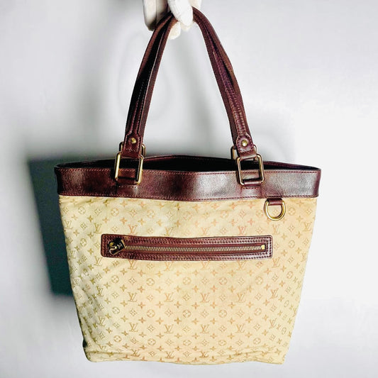 Louis Vuitton LV Mini Lin Lucille Brown / Beige GHW Monogram Logo Shopper Shoulder Tote Bag