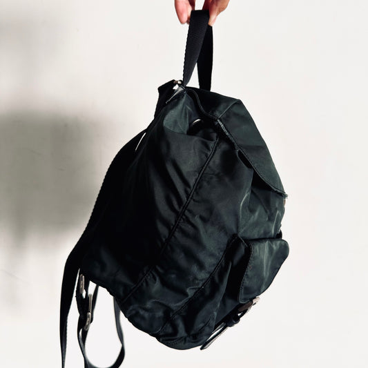 Prada Dark Emerald Grey Tessuto Classic Logo Nylon & Leather Small Backpack Drawstring Bag