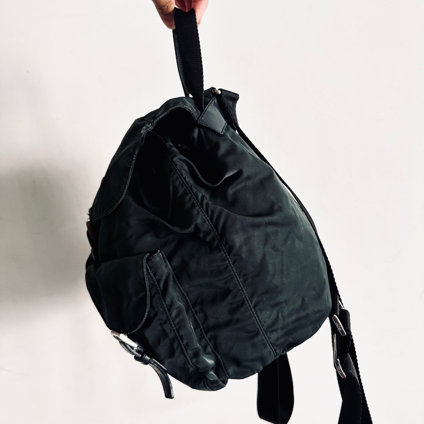 Prada Dark Emerald Grey Tessuto Classic Logo Nylon & Leather Small Backpack Drawstring Bag