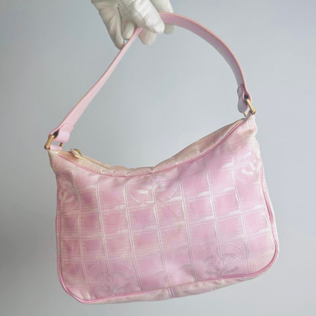 Chanel Pink GHW Travel Line Giant CC Monogram Logo Hobo Baguette Shoulder Bag 8s