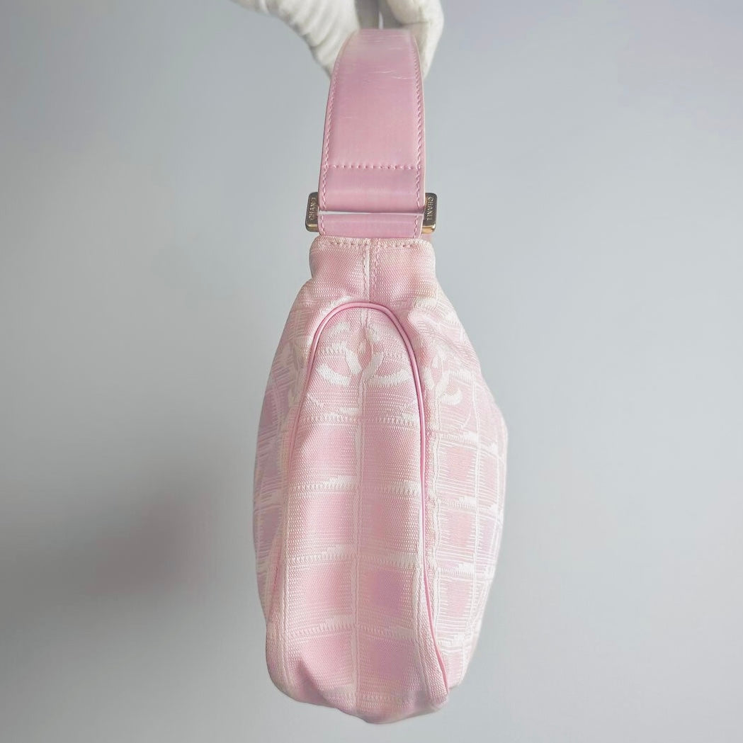 Chanel Pink GHW Travel Line Giant CC Monogram Logo Hobo Baguette Shoulder Bag 8s