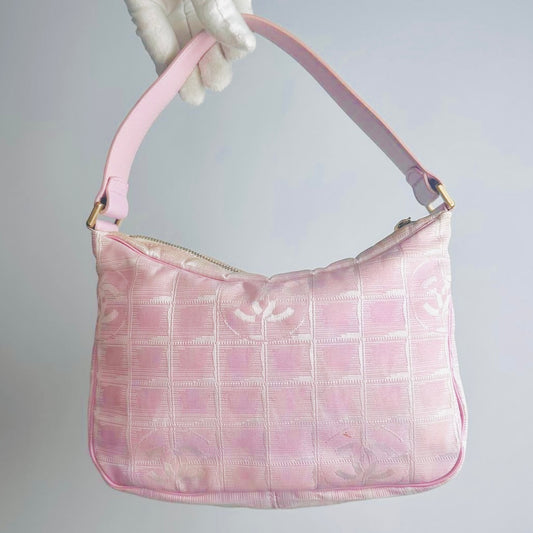 Chanel Pink GHW Travel Line Giant CC Monogram Logo Hobo Baguette Shoulder Bag 8s