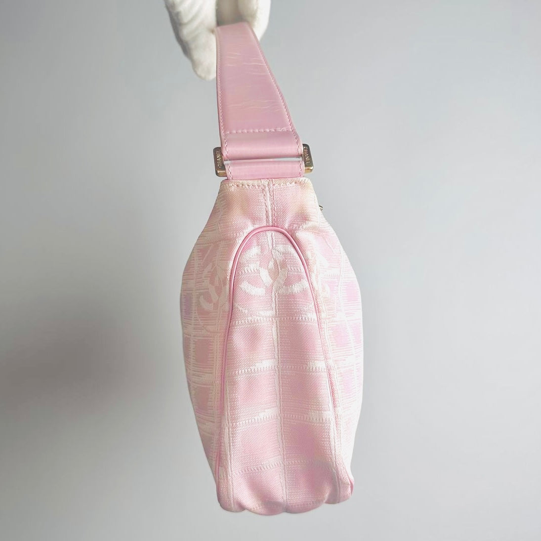 Chanel Pink GHW Travel Line Giant CC Monogram Logo Hobo Baguette Shoulder Bag 8s