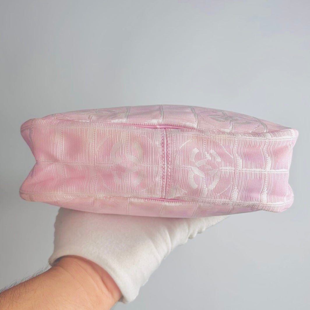 Chanel Pink GHW Travel Line Giant CC Monogram Logo Hobo Baguette Shoulder Bag 8s